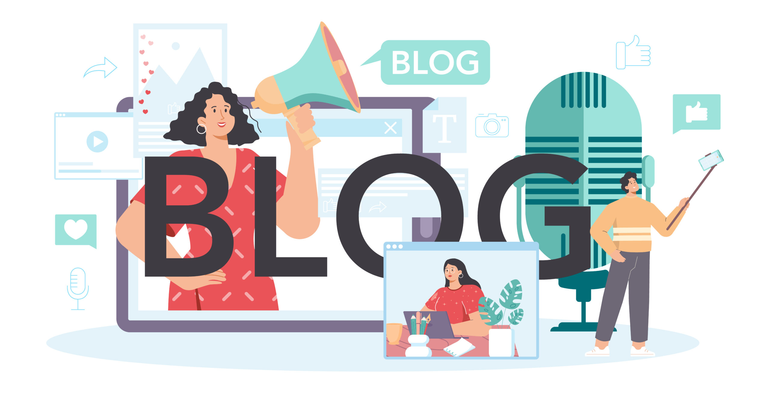 Blog typographic header. Sharing media content in the internet. Idea of social media and network. Online communication, creative occupation or hobby. Isolated flat vector illustration